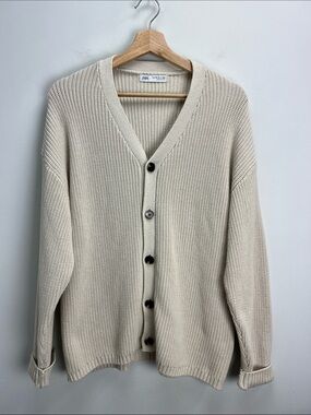 Zara Chunky Knit Cardigan Sweater Cream Girls 13 14 Womens Small Fishermans